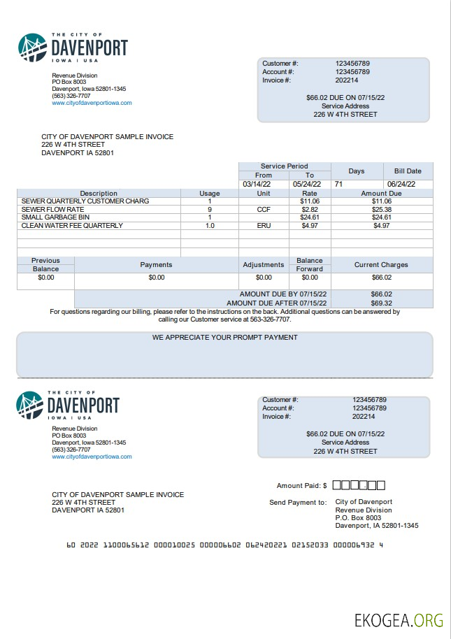 USA Iowa City of Davenport utility bill template in Word and PDF format